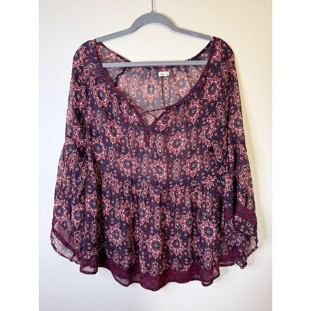 Hollister Women Navy Burgundy Medallion Paisley Bell Sleeve Peasant Blouse Large